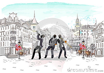 Street musicians in the city. Jazz band. Vector Illustration